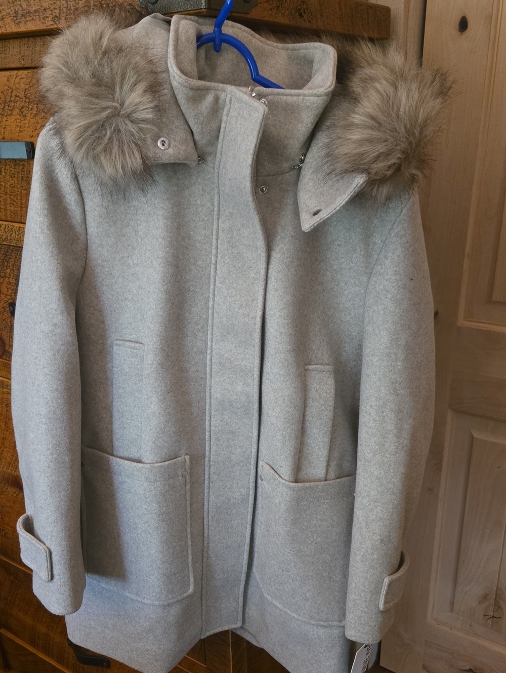 Nine West Light Gray Wool-Blend Trench Coat with Faux Fur Hood Trim